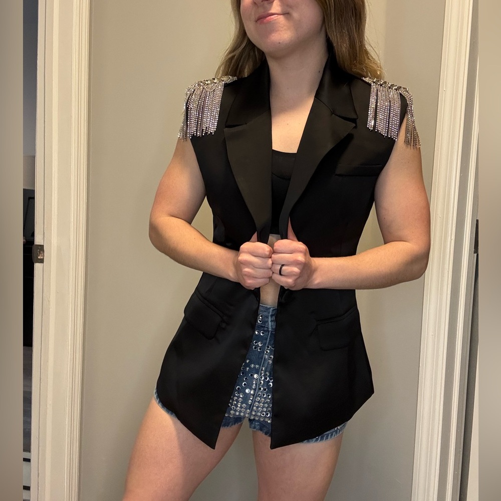 AKIRA Black Sleeveless Blazer with Silver Fringe